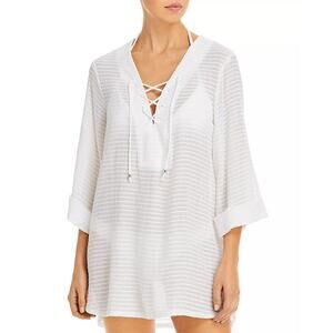 J Valdi Santa Barbara White Lace Up V-Neck Tunic Swimsuit Beach Coverup Size L